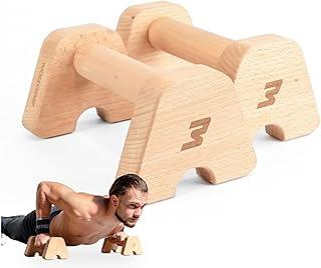 BMOTION Premium Holz Liegestützgriffe, nachhaltige und rutschfeste Calisthenics Parallettes, Liegestütze oder Handstand Griffe, Push Up Bar für ...