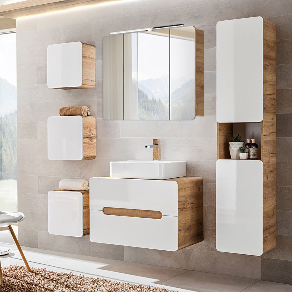 Badezimmer Komplett Set 6-tlg in Hochglanz weiß mit Wotan Eiche Nb. LUTON-56 mit Keramik Aufsatzbecken, B/H/T CA: 180/200/46 cm