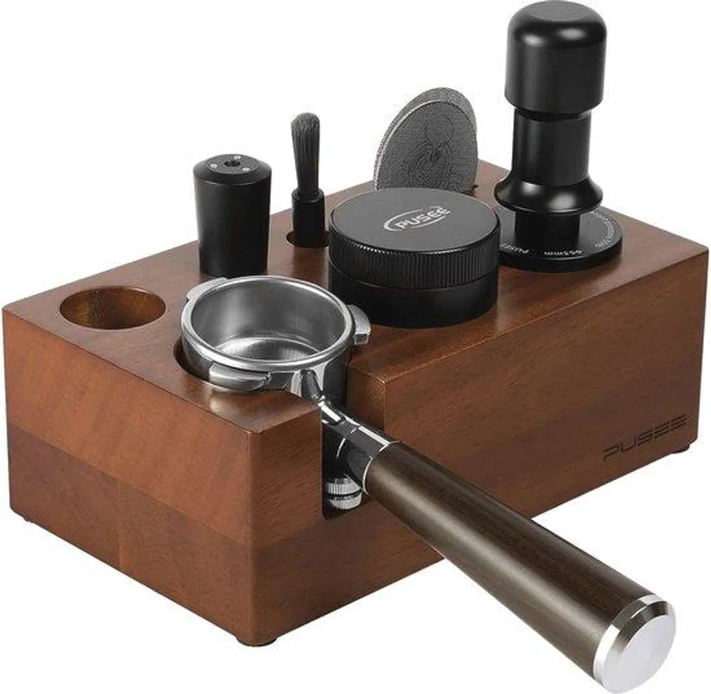 Station à expresso bois massif et silicone avec base de tassage stable