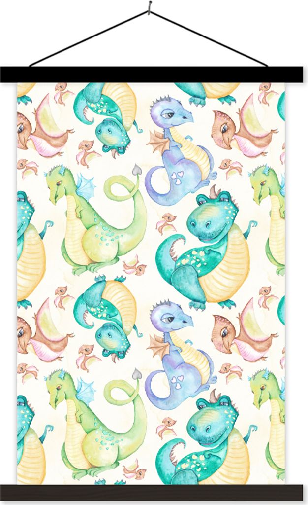 MuchoWow Textilposter Dinosaurier - Aquarell - Kinder - Jungen - Mädchen - Kinder 120x180 cm mit schwarzem Rahmen - Fotos
