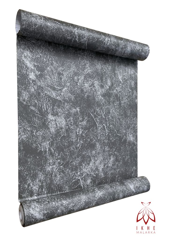 A roll of wallpaper with a textured gray and white pattern, presented on a white background.