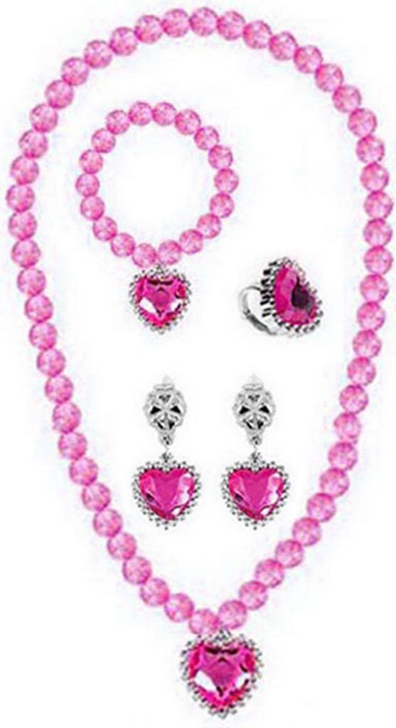 1 Set Mädchen Halskette Spielzeug Farbige Perlen Elegante Pretend Spielen Strass Liebe Herz Armband Ohrring Ring Kit Prinzessin Schmuck-Rosenrot