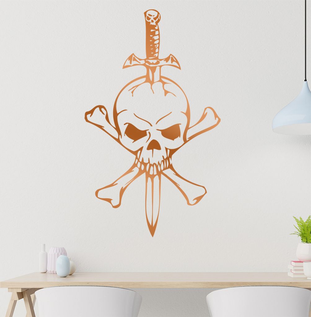 Schädel mit Dolch Wandtattoo in 6 Größen - Wandaufkleber Wall Sticker - Dekoration, Küche, Wohnzimmer, Schlafzimmer, Badezimmer