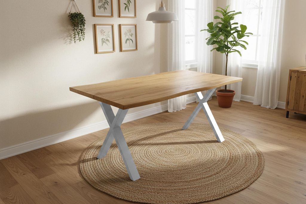 Esstisch 120x80 cm Baumkante Holz Wildeiche-Optik X-Gestell Metall silber DUA