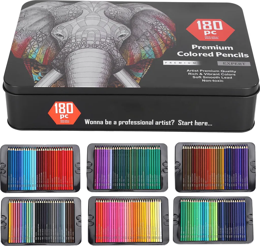 Crayons de couleur lot de 180 avec boîte fer contre la casse de mine