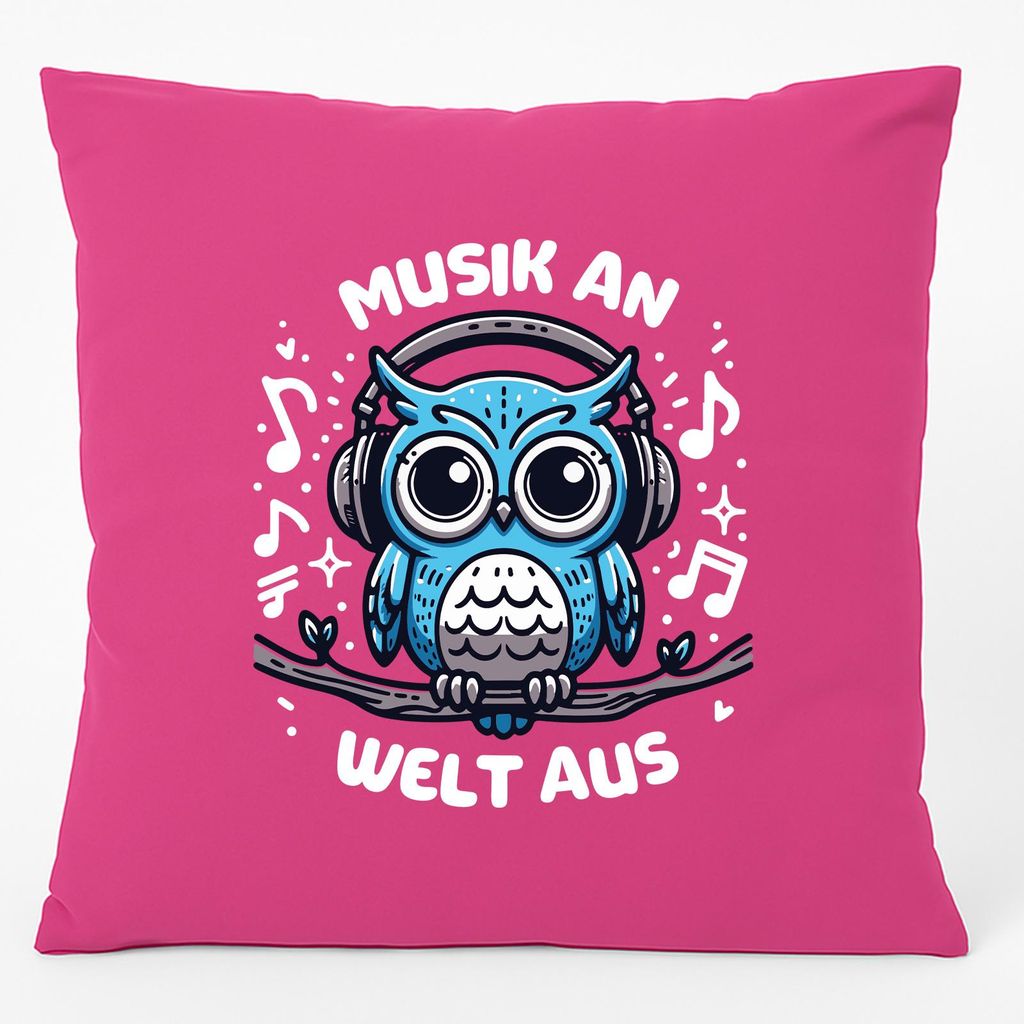 Huuraa Kissen Musik an Welt aus Eule 40x40cm mit Füllung Fuchsia Baumwolle Dekokissen Geschenkidee