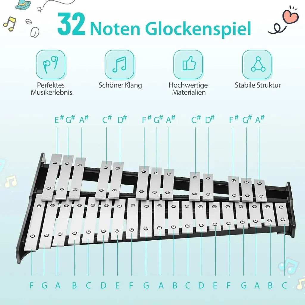 Glockenspiel Xylophone 32 Notes avec Trépied Ajustable et Pad - Noir - 2