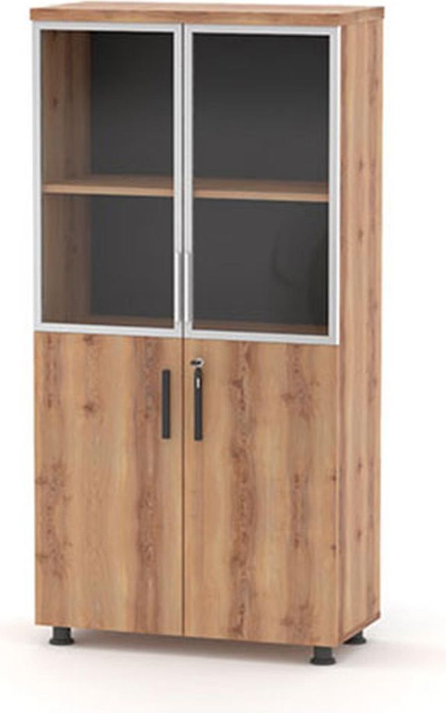 Braun Naturlich Aktenschrank Vitrine Glastüren Rechteckig Modern Holz