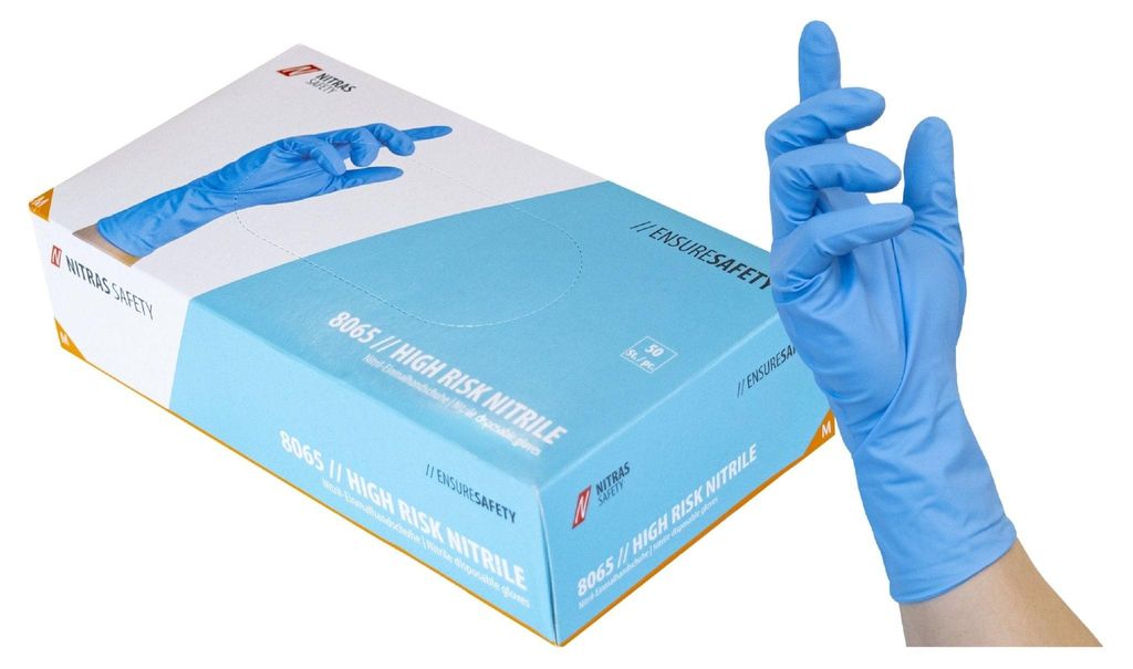 NITRAS Einweg-Handschuh HIGH RISK NITRILE, Gr. 11 (2XL) blau (45 St), 8065, Schutzstufe:EN ISO 374, Größe:9