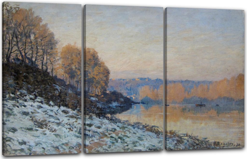 Leinwandbild 3-teilig (120x80cm): Alfred Sisley - Port Marly White Frost, echter Holz-Keilrahmen inkl. Aufhänger, handgefertigt in Deutschland