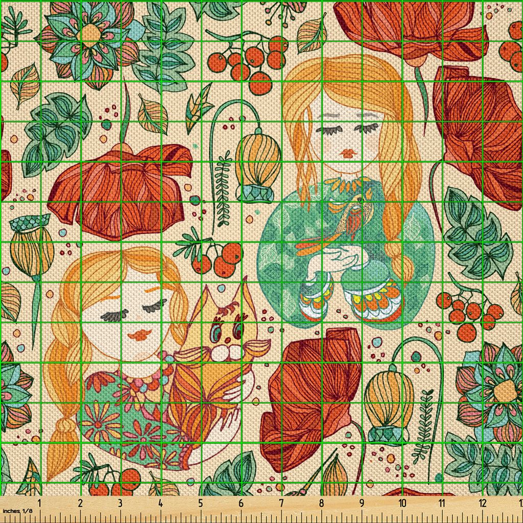 ABAKUHAUS Blumen Satin Stoff als Meterware, Muster mit jungen Mädchen mit Katzen und Vögel Poppies Blätter Rowan Beeren Artwork, 10 M (148 x 100...