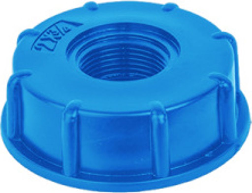 A blue plastic threaded connector cap.