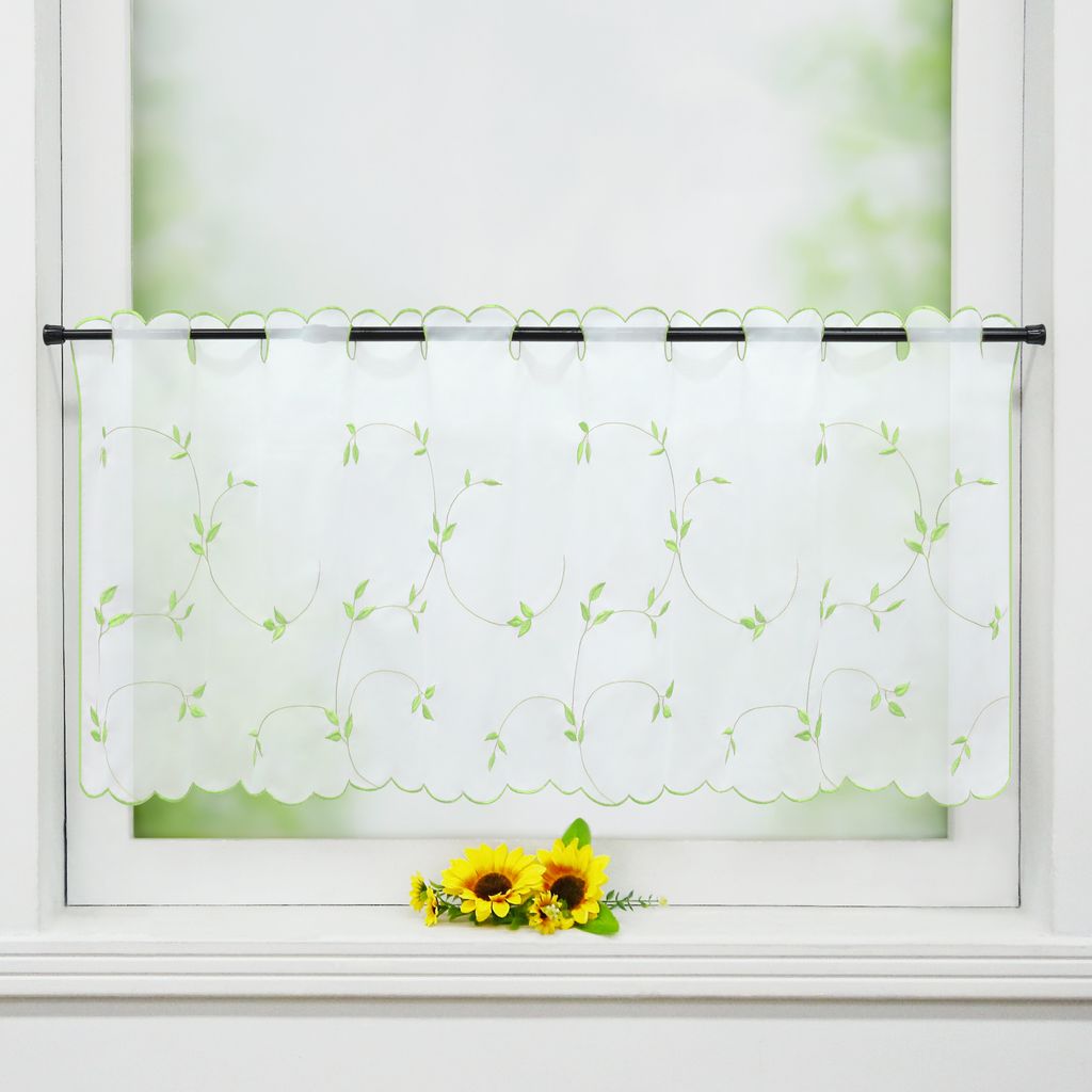 Joyswahl Scheibengardinen Voile Bistrogardine mit Blattstickerei Transparent Bestickte Küche Kurzstores Weiß Grün HxB 30x90 cm