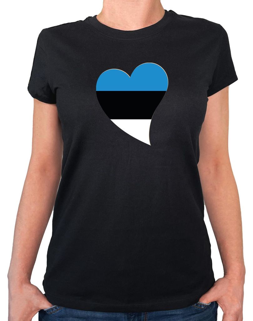 Huuraa Damen T-Shirt Estland Flagge Herz S Black Bio Baumwolle Fairtrade Damenshirt Geschenkidee