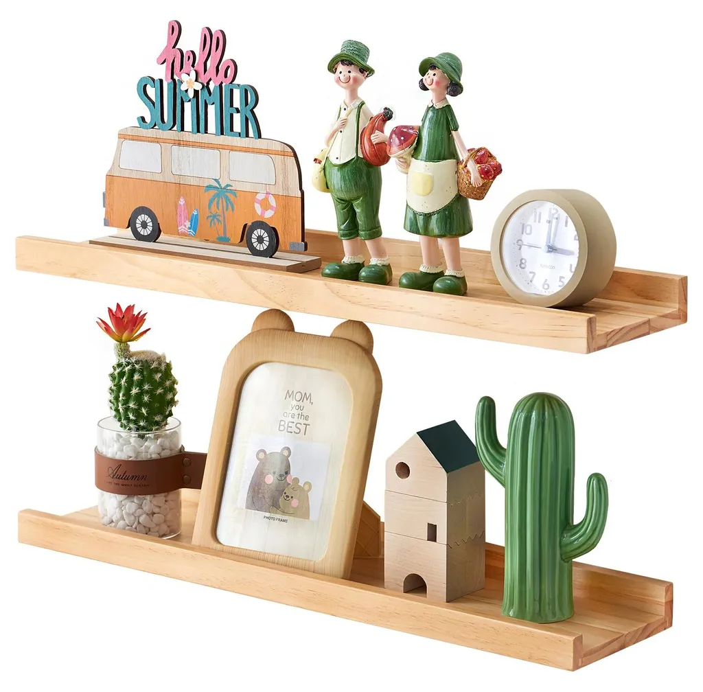 Étagère suspendue en bois de pin 60 cm - Lot de 2 tablettes murales