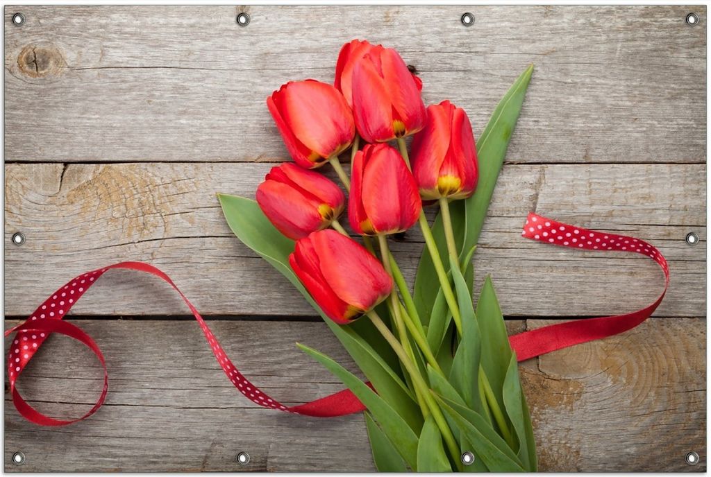Wallario Outdoor-Poster für Garten oder Balkon, Motiv Rote Tulpen auf einem alten Holztisch, in ca. 100 x 150 cm