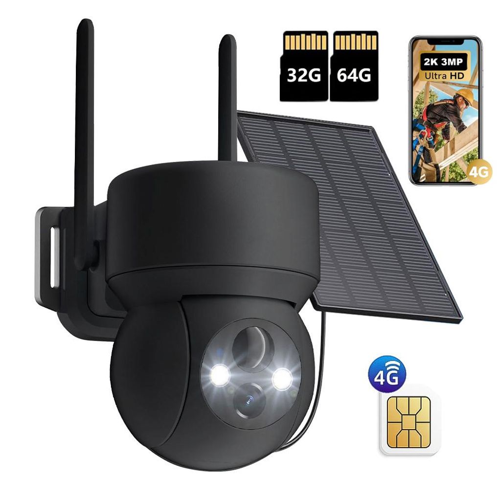 4G LTE Überwachungskamera Aussen Solar Akku mit SIM Karte Kabellos IP Kamera Outdoor Ohne WLAN 360° PTZ mit PIR Erkennung Farb-Nachtsicht mit 32G...