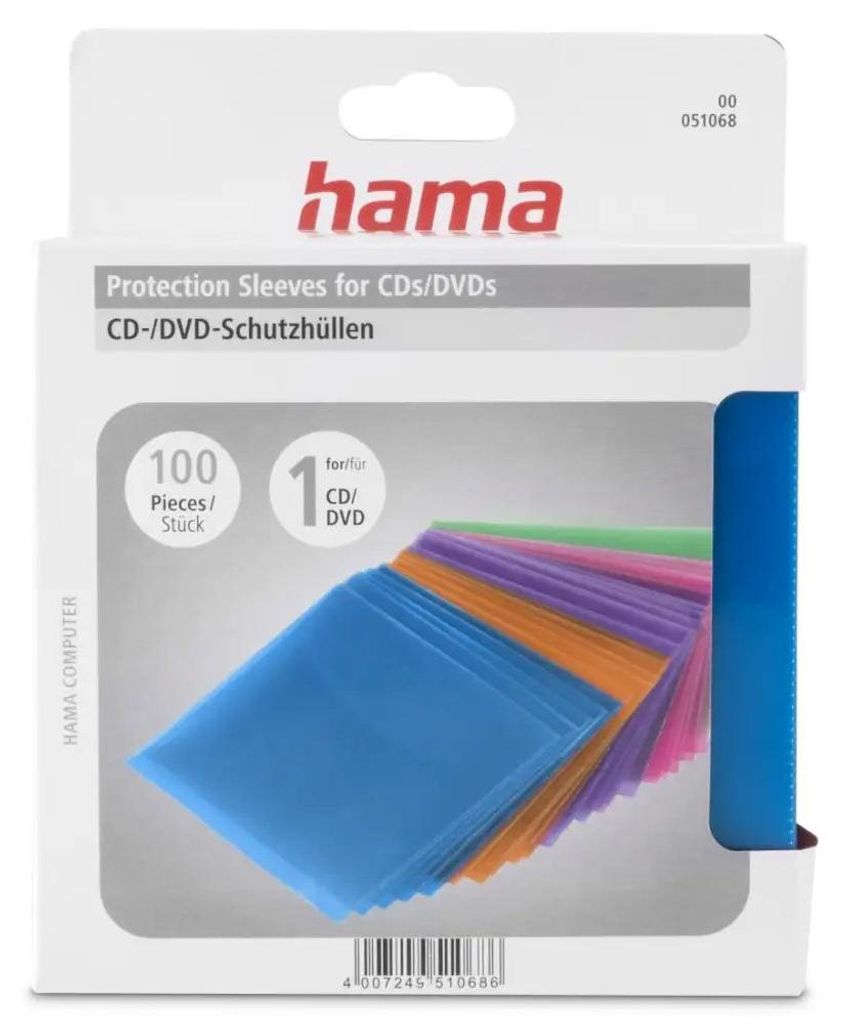 hama CD /DVD Hlle PP farbig sortiert oben offen fr 1 CD/DVD 100 Hllen