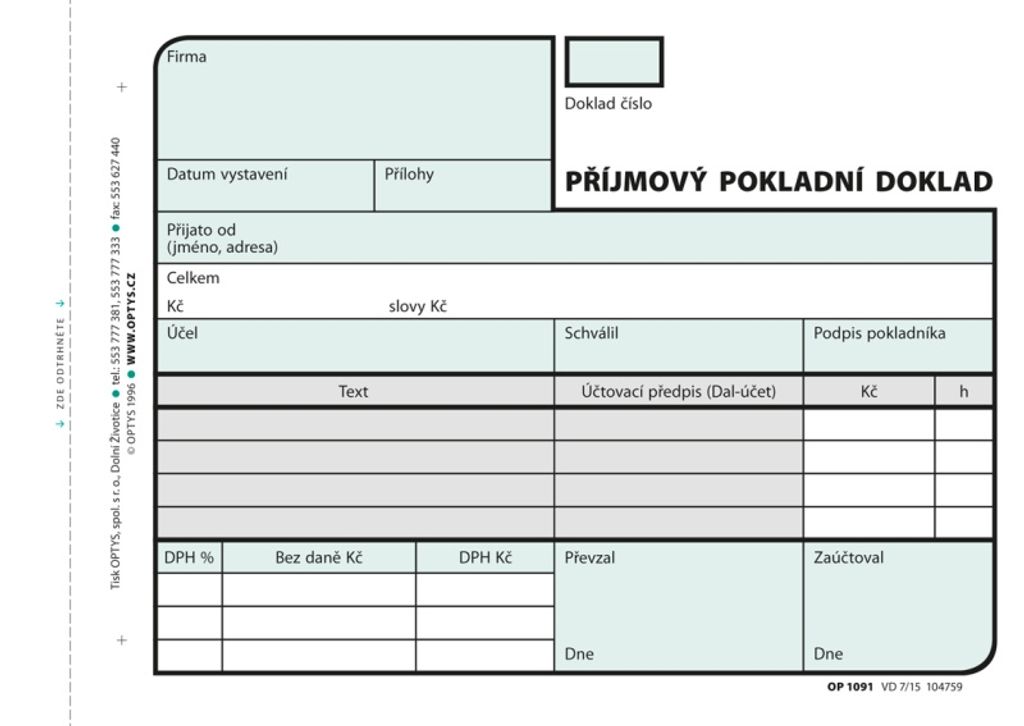 Tiskopis Příjmový pokladní doklad Optys, A6, samopropisovací, 2x50 listů