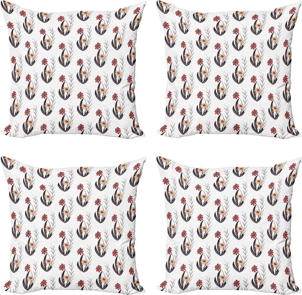 ABAKUHAUS Blumen Kissenbezug Set (4 Stück), Rot und Orange Blumen, Moderner Doppelseitiger Digitaldruck, 50 cm x 50 cm, Rot Orange Schwarz