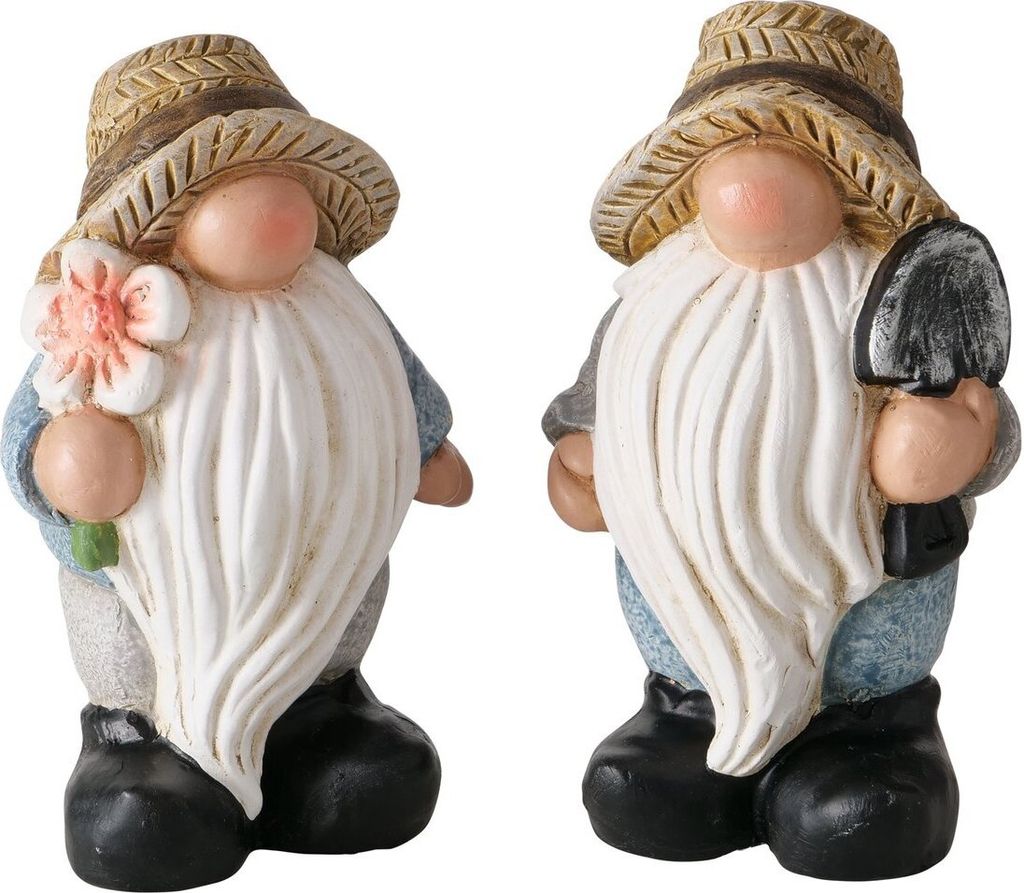 Gartenwichtel 2er Set Gartenfigur Höhe 15cm Sommerwichtel Mit Spaten und Blumen aus Keramik Dekofigur Gartenzwerg