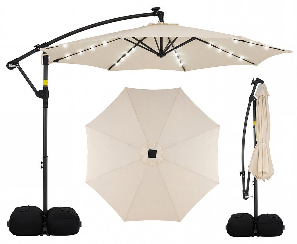 COSTWAY Sonnenschirm 300 cm mit Ständer, LED-Leuchten & Kurbel, Ampelschirm, Gartenschirm, 360° drehbar, Marktschirm, Terrassenschirm Beige