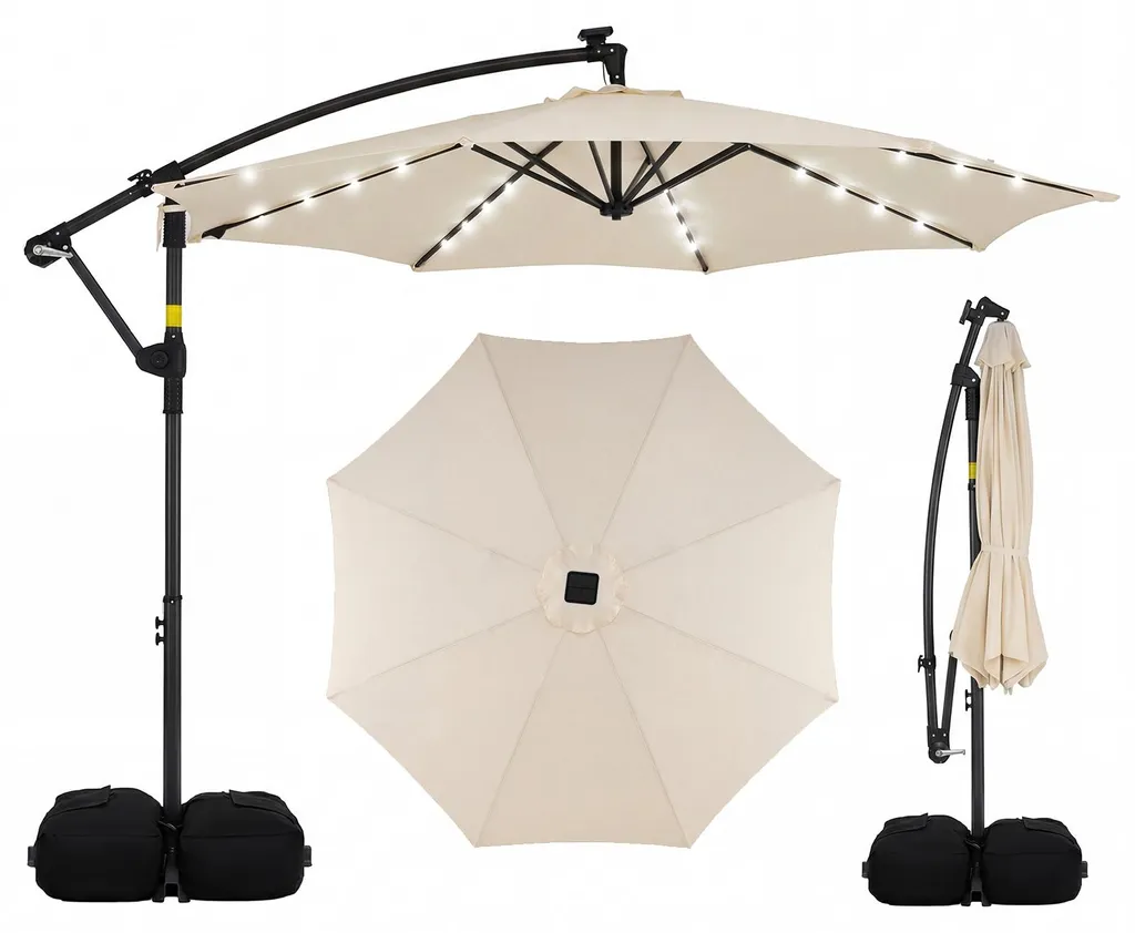 Parasol Pivotant 360° avec LED Solaires - Parasol de Terrasse Beige 3m