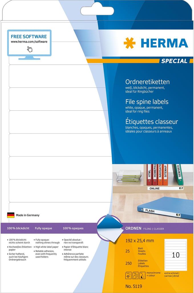 Ordneretiketten A4 weiß 192x25,4 mm Papier matt blickdicht 250 St.