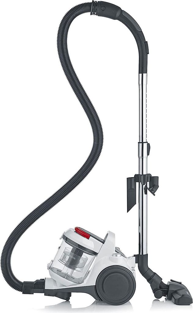 A canister vacuum cleaner with a hose and telescopic wand is shown on a white background.