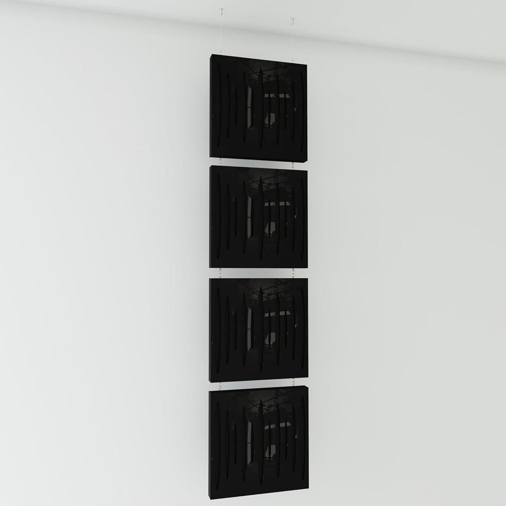 4er-Pack—Dekorative Akustik-Hängepaneele |200x50cm | Hängende Raumteiler | Modulare schallabsorbierende Paneele |PULSAR |Schwarz glänzender Ku...