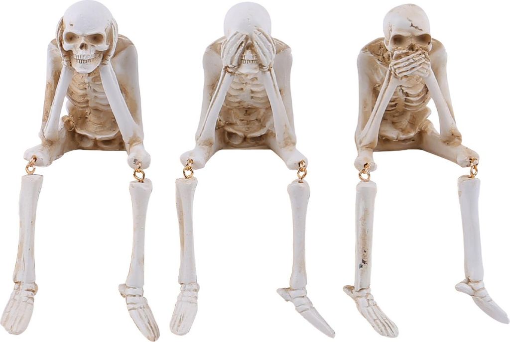 Halloween-Skelettstatue aus Kunstharz, „Sehen, Sprechen, Hören, Nichts Böses“, Skelettfigur mit baumelnden Beinen für die Innendekoration au...