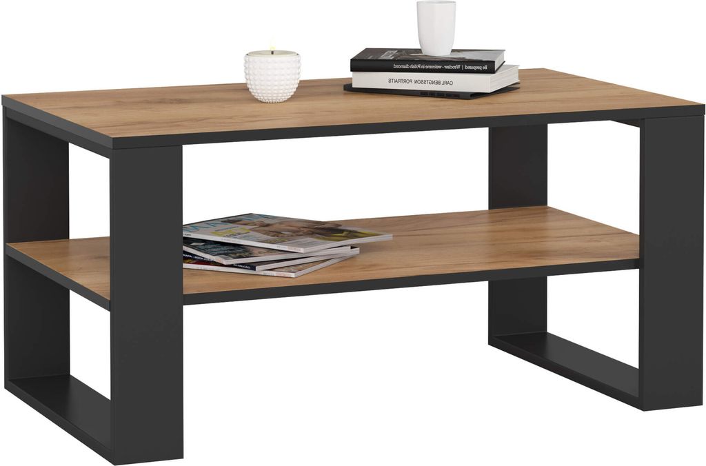 A coffee table with a wood-look top and black metal legs, shown against a white background.
