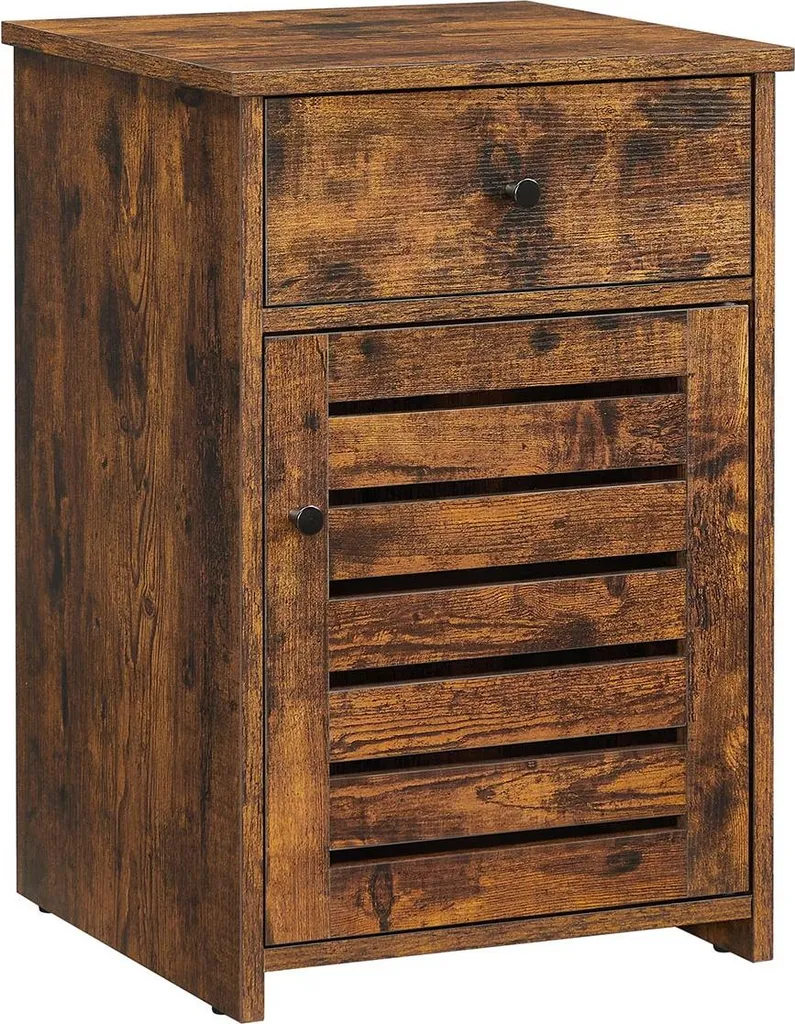 Table de nuit industrielle avec tiroir et étagère, coloris bois brun