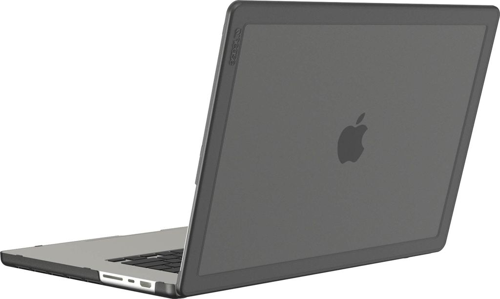A dark gray MacBook Pro with an Apple logo on the lid, shown from a slightly elevated rear-left angle against a white background.