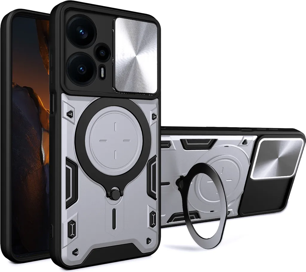 Custodia per Xiaomi Poco F5 Custodia resistente a doppio strato con copertura della fotocamera e supporto ad anello Argento