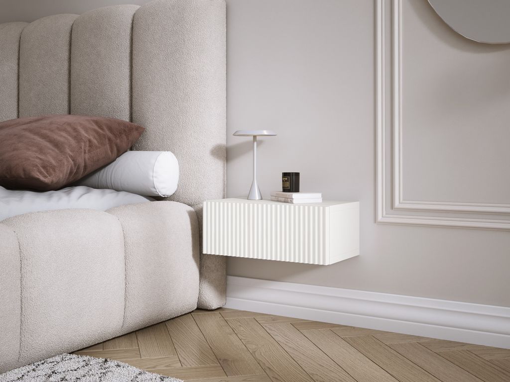 Hängender Nachttisch mit Schublade – Lamellenfront – Farbe: Weiß, 40 x 20 x 16 cm