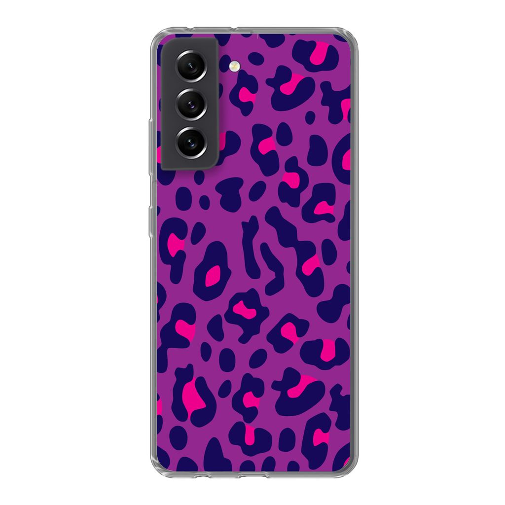 MuchoWow Handyhülle Schutzhülle Hülle für Samsung Galaxy S21 FE Pantherdruck - Lila - Rosa Silikon Softcase Handy Hülle - Mobiltelefonhülle