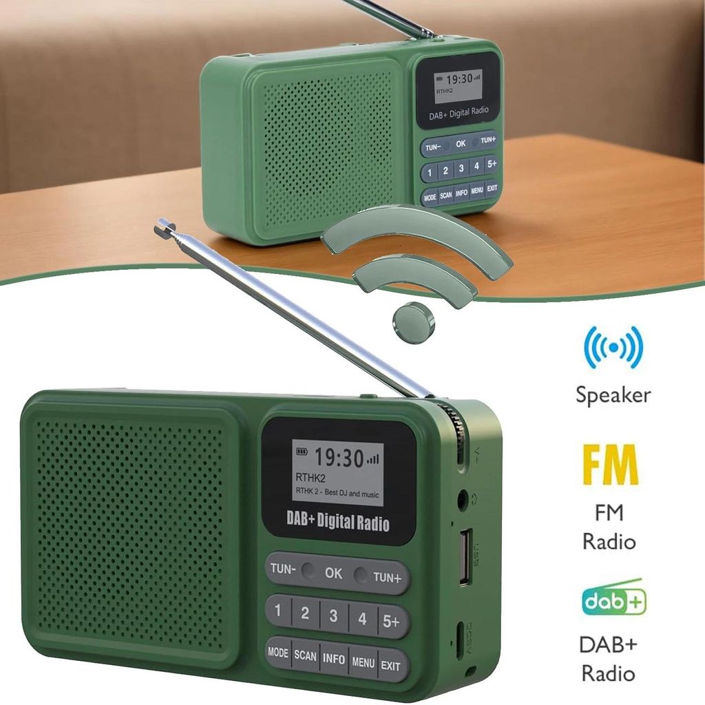 A collage of two images of a green portable radio, one showing the top and the other showing the front, with graphic elements and text overlays.