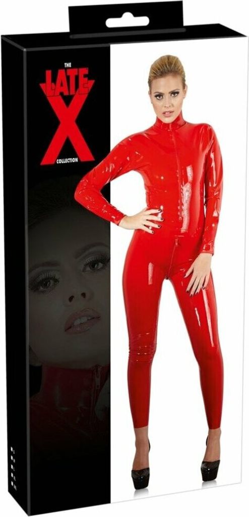 Late X Latex Catsuit - Roter Einteiler mit Stehkragen und Reißverschluss