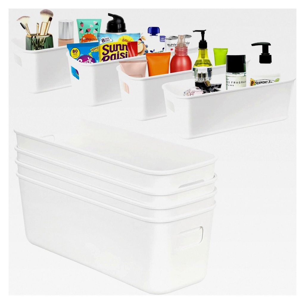 8er Set Aufbewahrungskörbe mit Griffen – Weiße rechteckige Aufbewahrungsbox für Küche, Badezimmer, Schrank und Büro – Praktische Kunststof...