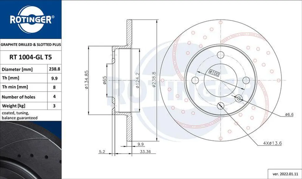 Disque de frein ventilé anticorrosion ROTINGER RT 1004-GL T5 pour Ibiza