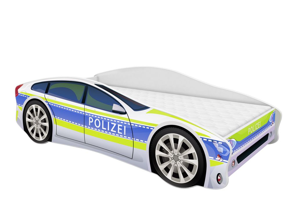 ACMA Kinderbett Auto-Bett Polizei mit Rausfallschutz Polizei 1, 140x70 cm + Name Lattenrost und Matratze 