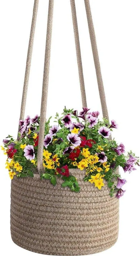 Panier pour plantes en coton lamé marron avec soucoupe intégrée L