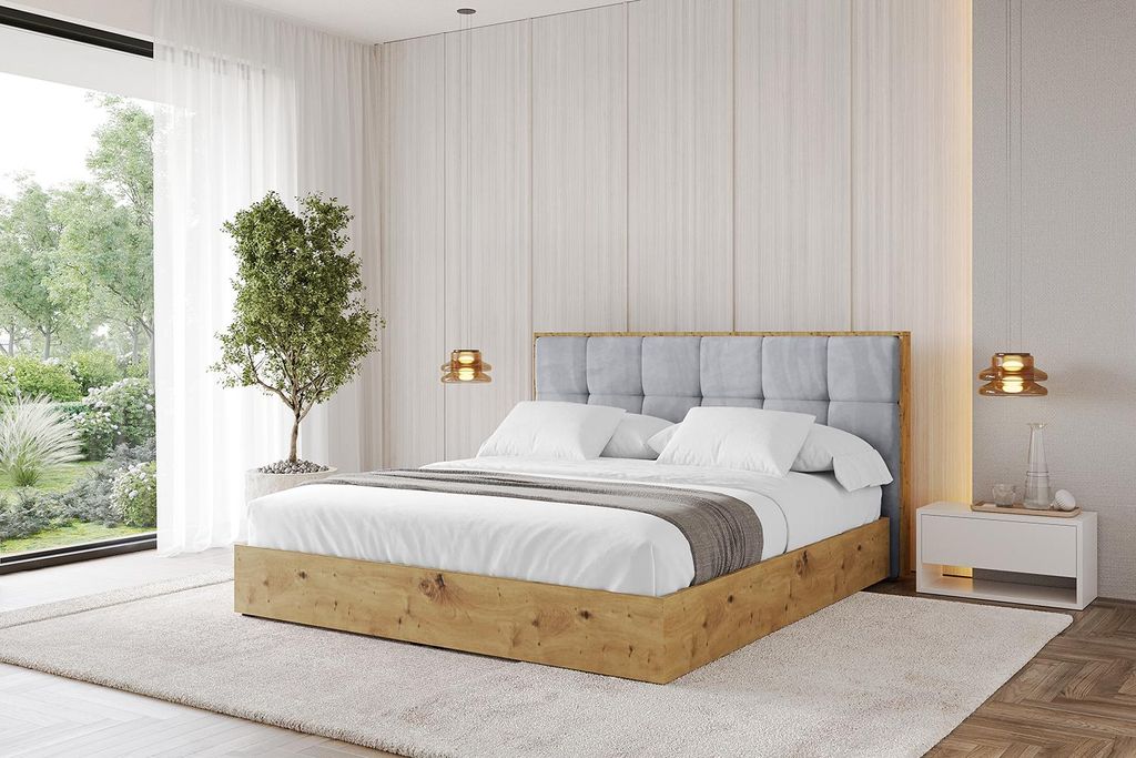 ALTDECOR Polsterbett mit Bettkasten - ENZO7 - 140x200 Hellgrau- Bett mit Matratze H3/H4, Kopfteil, Boxbett, Doppelbett mit Stauraum