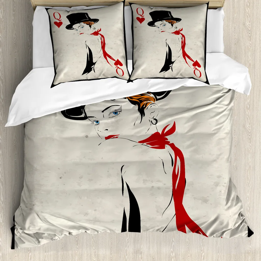 ABAKUHAUS Copripiumino Queen, Retro Women's Card Ace, antiacaro, adatto a chi soffre di allergie, con federe, 155 cm x 220 cm - 80 x 80 cm, beige vermiglio