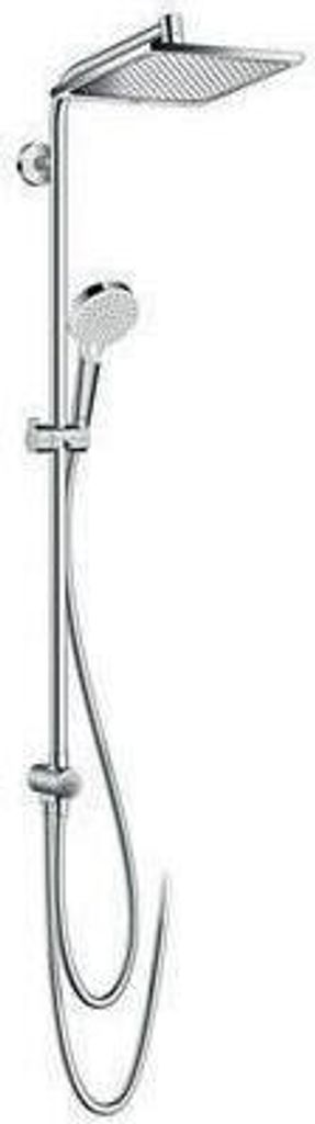 A silver showerpipe with a rain showerhead and a handheld showerhead on a white background.