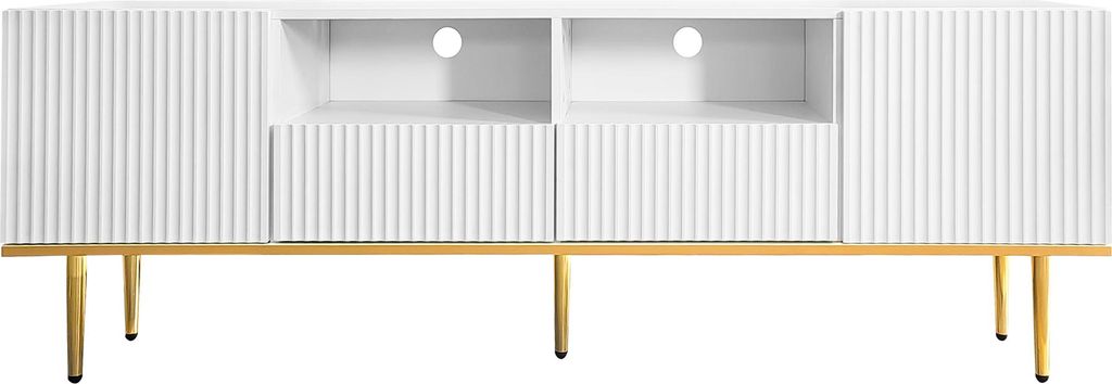 Fortuna Lai Moderner TV-Schrank 165 x 36 x 55 cm, Sockel mit goldenen Beinen und Kante, klares Design in Weiß
