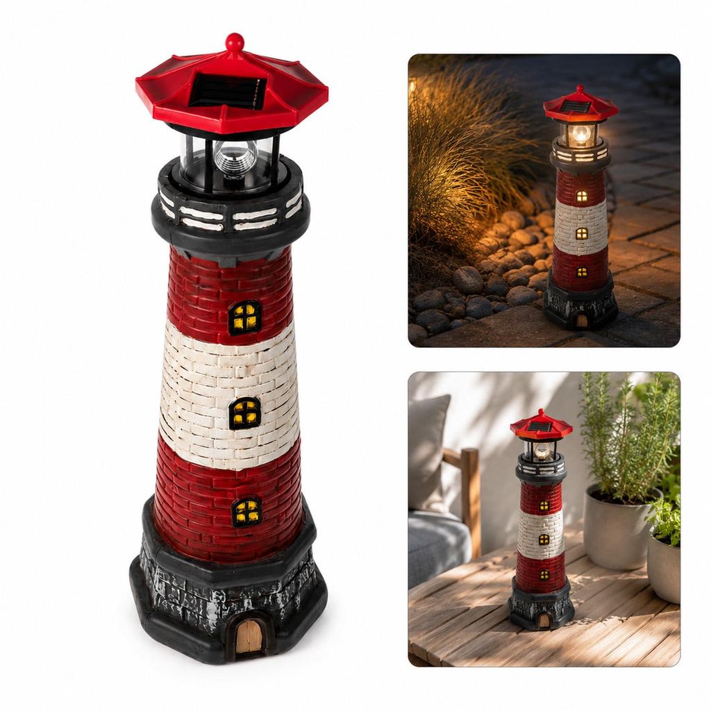 Solar-Leuchtturm-Dekoration für außen, 360° drehbar, 38 cm, Produktbild 