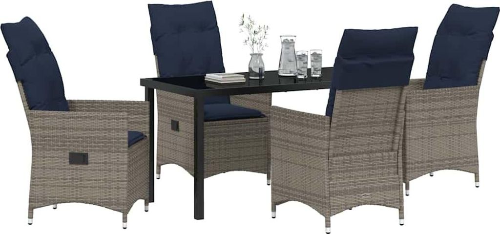 vidaXL Tisch- und Stuhlset mit Kissen 5 pcs Grau PE-Rattan