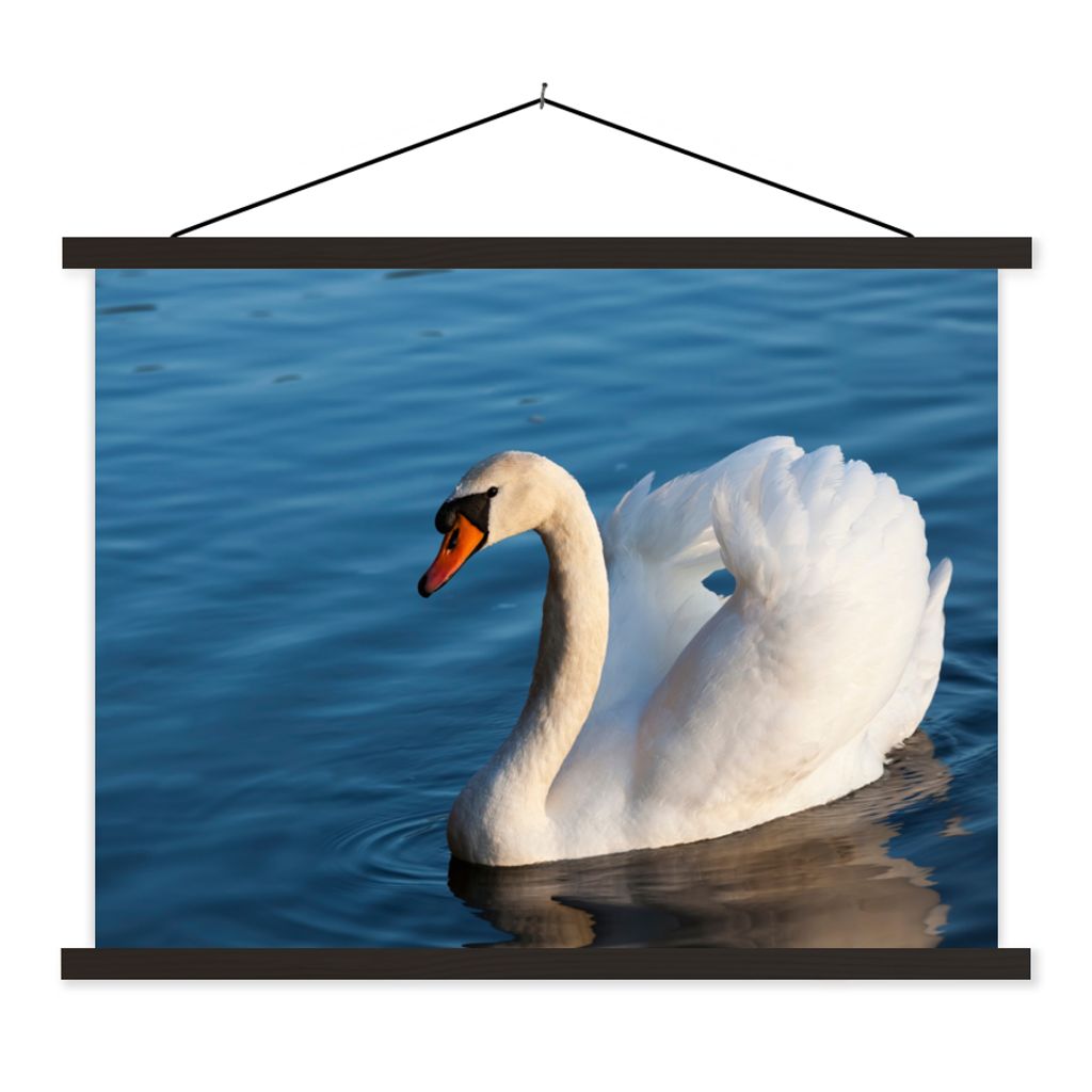 MuchoWow Textilposter Schwan - Wasser - Vogel - Weiß 150x113 cm mit holzfarbenen Rahmen - Poster
